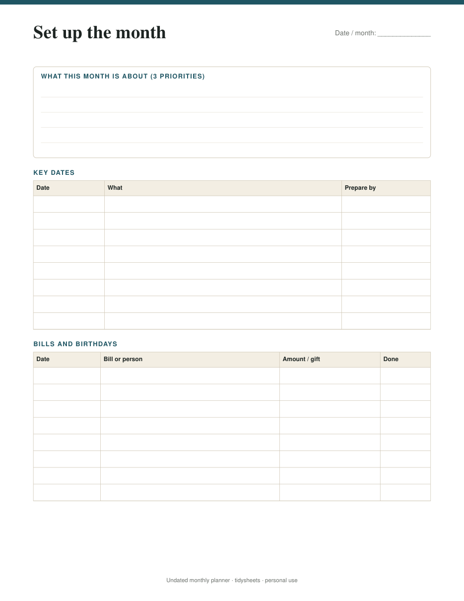 Month set-up: priorities, key dates, bills, birthdays, page 2 of the undated monthly planner PDF