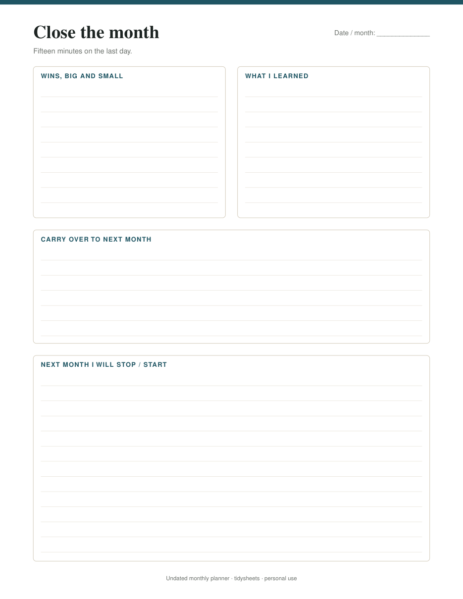 Month review: wins, lessons, carry-over, page 3 of the undated monthly planner PDF