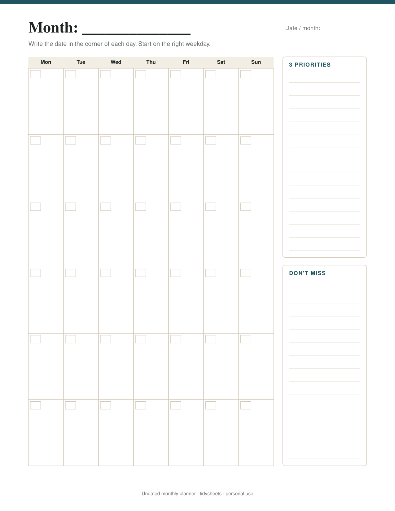 First page of the undated monthly planner PDF