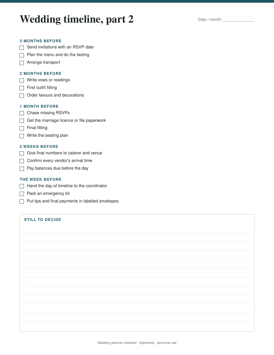 3 months to the week before: timeline, page 2 of the wedding planner checklist PDF
