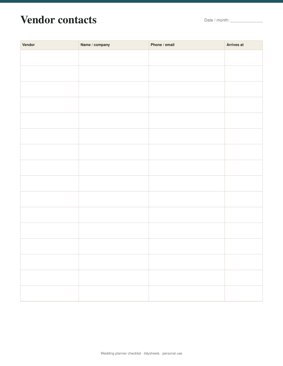 Vendor contacts, page 4 of the wedding planner checklist PDF