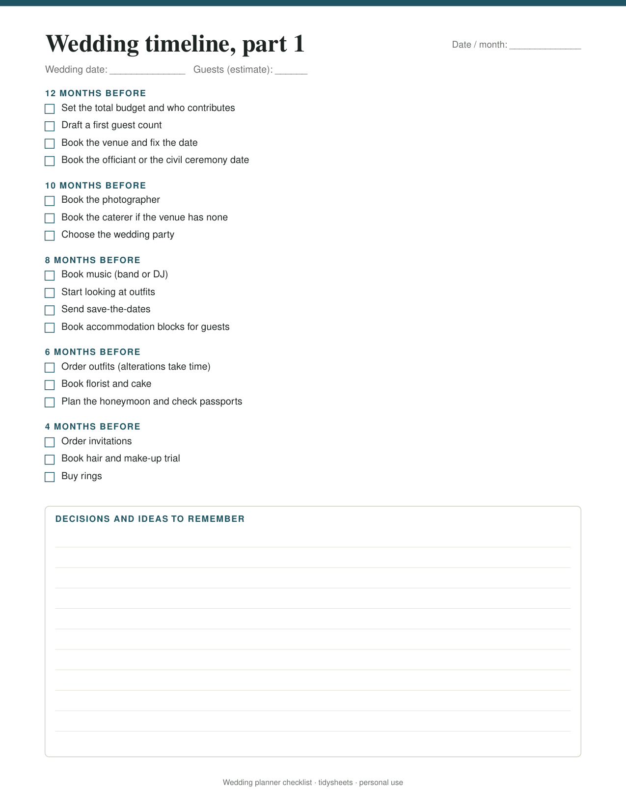 First page of the wedding planner checklist PDF
