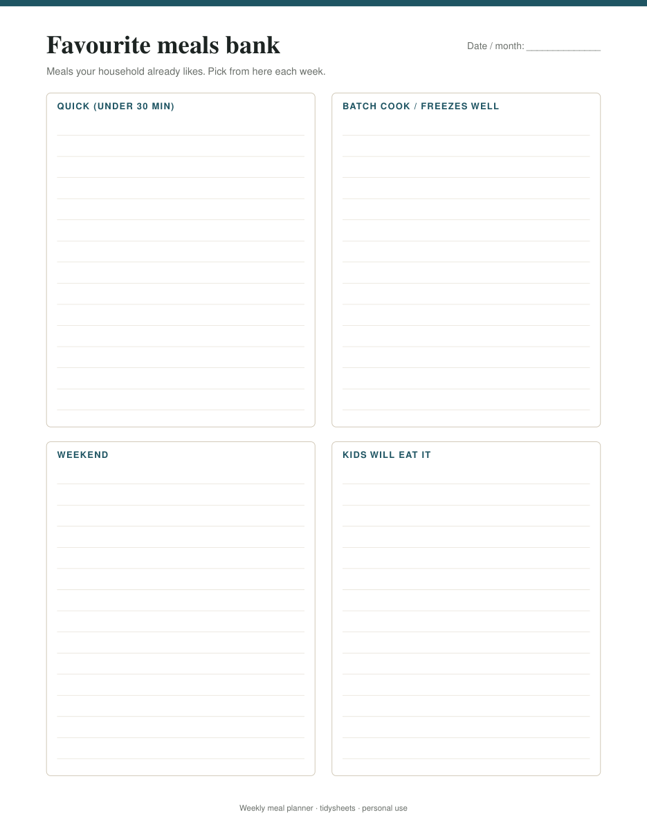 Favourite meals bank (40 meals), page 2 of the weekly meal planner with grocery list PDF