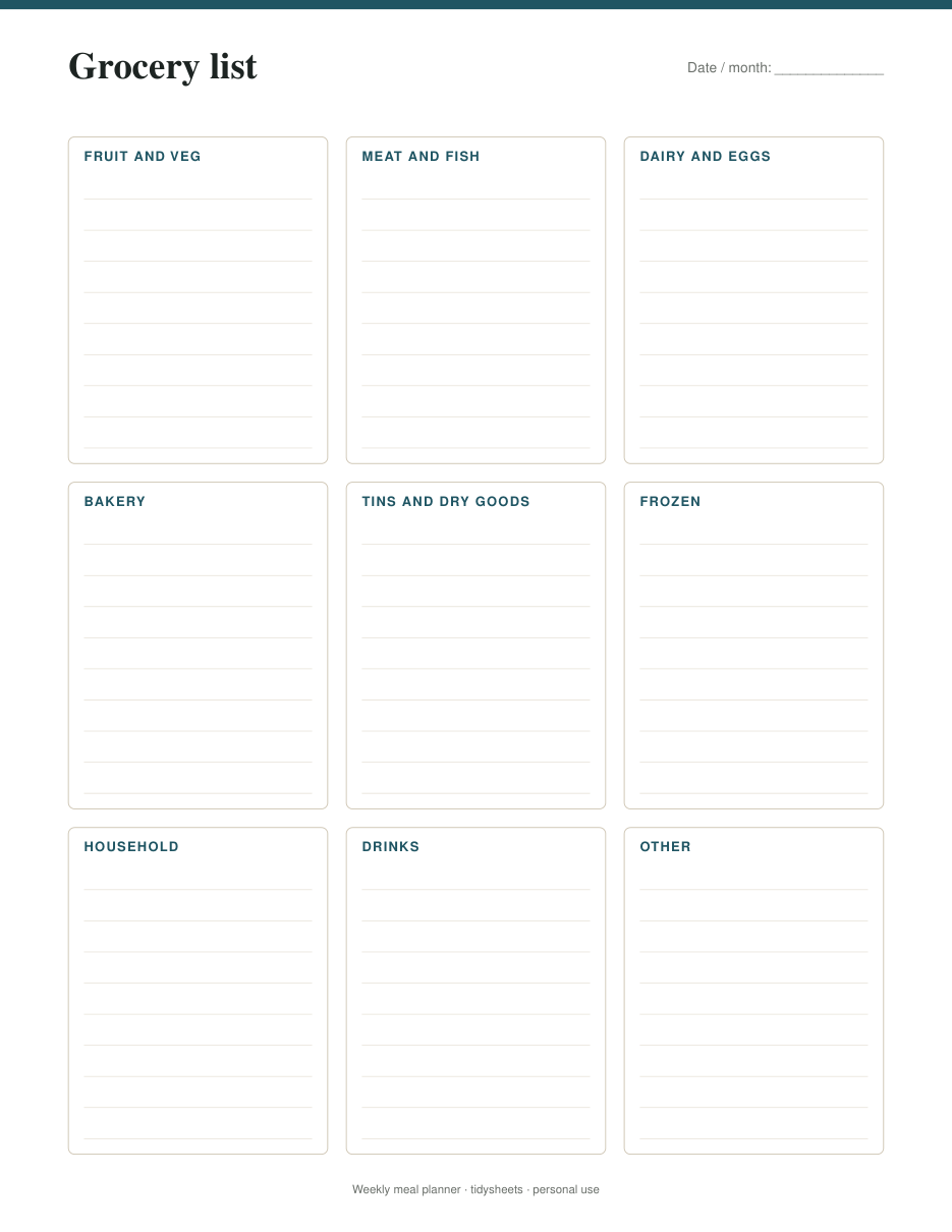 Grocery list by section, full page, page 3 of the weekly meal planner with grocery list PDF