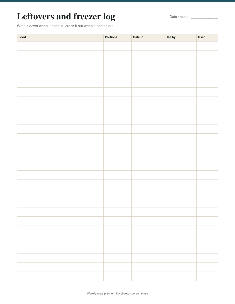 Leftovers and freezer log, page 4 of the weekly meal planner with grocery list PDF
