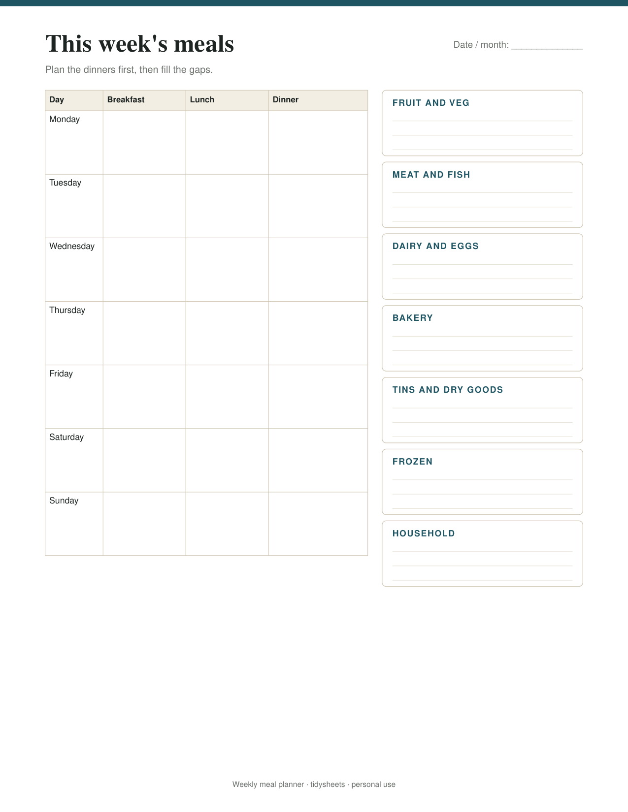 First page of the weekly meal planner with grocery list PDF