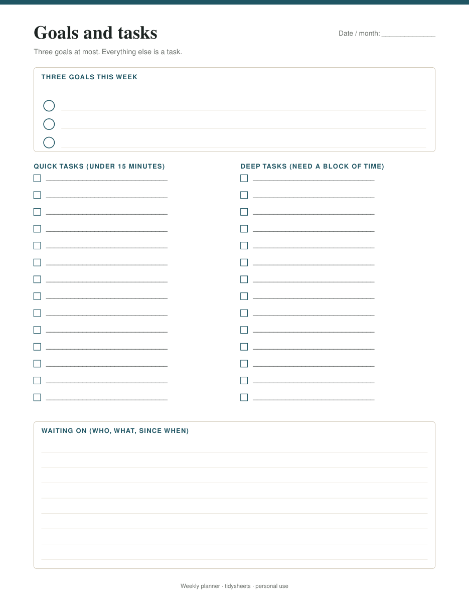 Goals and tasks: quick tasks, deep tasks, waiting on, page 2 of the weekly planner PDF