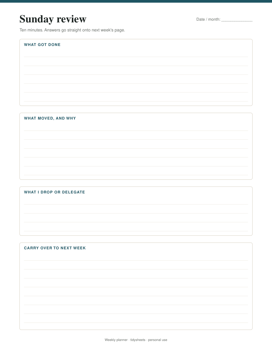 Sunday review and next week's carry-over, page 3 of the weekly planner PDF