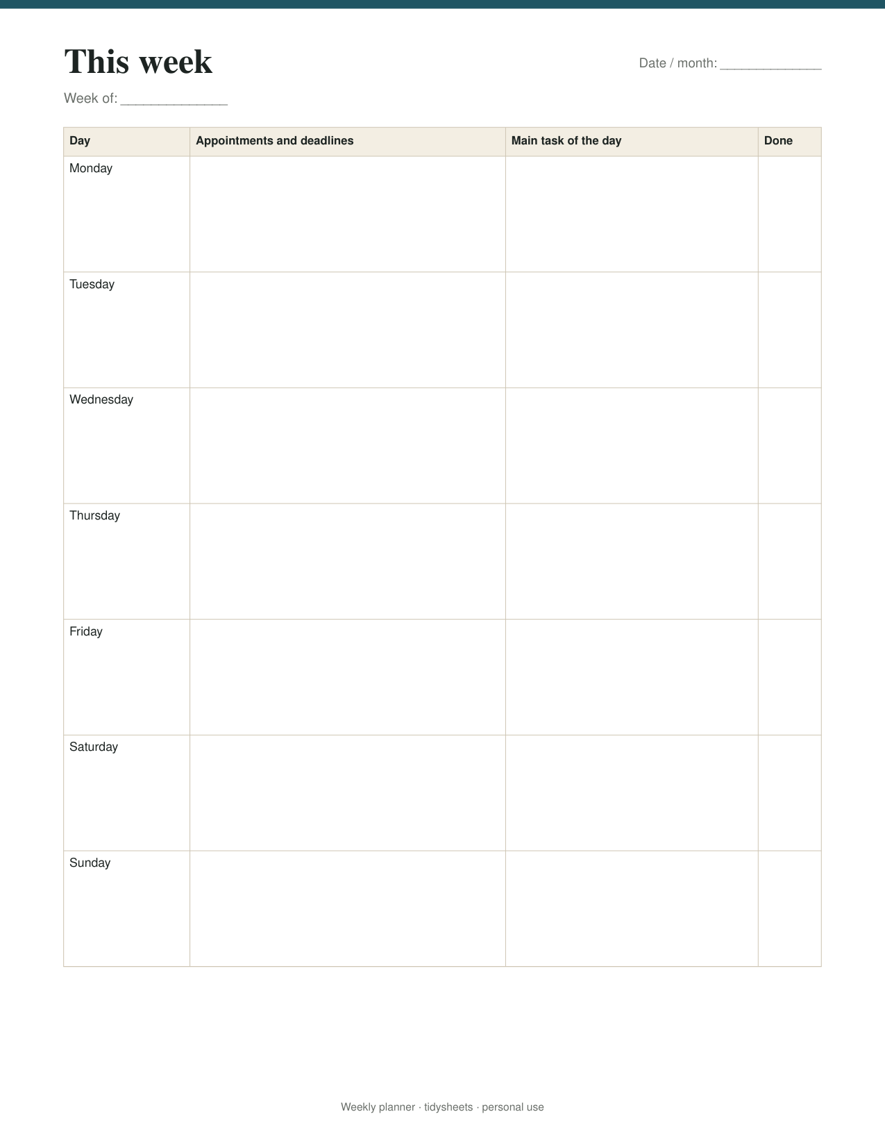 First page of the weekly planner PDF